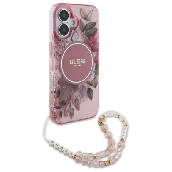 Guess iPhone 16 Magsafe IML Flowers With Pearl Strap (GUHMP16SHFWBRCESP) Magsafe kompatibilis hátlap, tok, rózsaszín