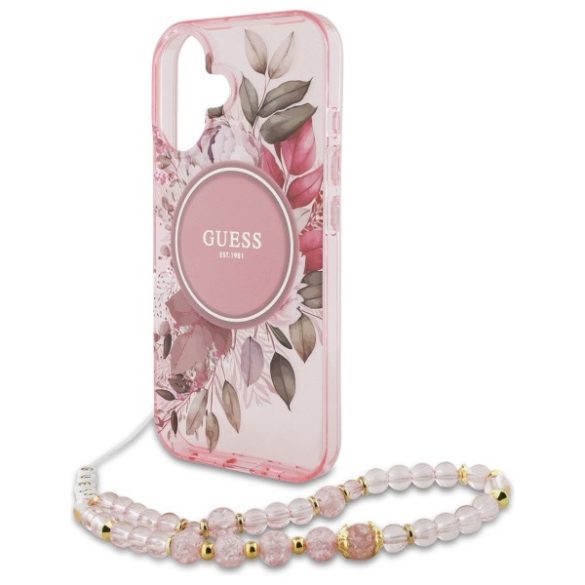 Guess iPhone 16 Magsafe IML Flowers With Pearl Strap (GUHMP16SHFWBRCESP) Magsafe kompatibilis hátlap, tok, rózsaszín