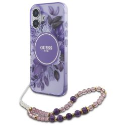   Guess iPhone 16 Magsafe IML Flowers With Pearl Strap (GUHMP16SHFWBRCESU) Magsafe kompatibilis hátlap, tok, lila