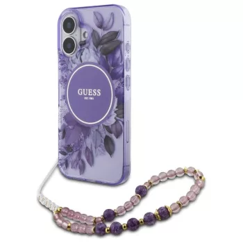   Guess iPhone 16 Magsafe IML Flowers With Pearl Strap (GUHMP16SHFWBRCESU) MagSafe hátlap, tok, lila