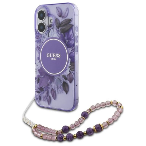 Guess iPhone 16 Magsafe IML Flowers With Pearl Strap (GUHMP16SHFWBRCESU) Magsafe kompatibilis hátlap, tok, lila