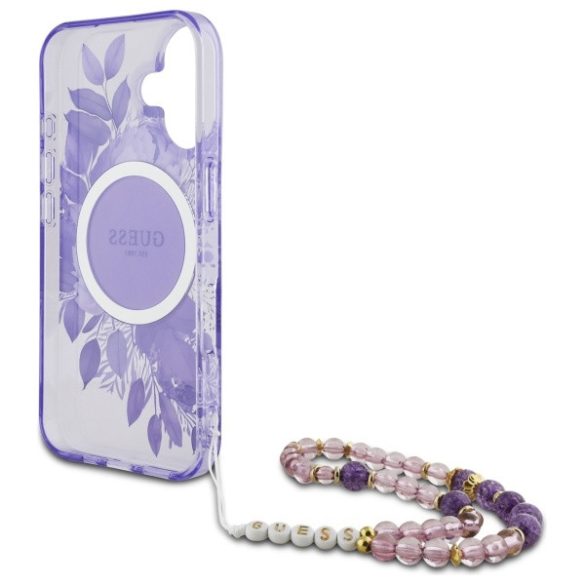 Guess iPhone 16 Magsafe IML Flowers With Pearl Strap (GUHMP16SHFWBRCESU) Magsafe kompatibilis hátlap, tok, lila