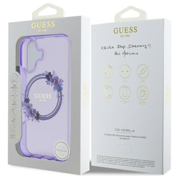 Guess iPhone 16 Magsafe IML Flowers Wreath (GUHMP16SHFWFCU) Magsafe kompatibilis hátlap, tok, lila