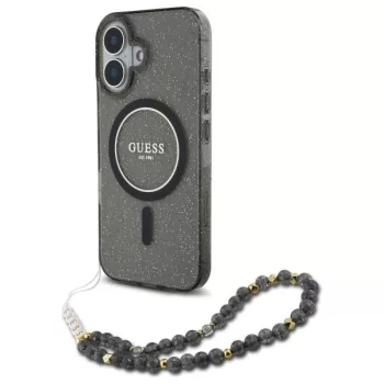   Guess iPhone 16 Magsafe IML Glitter With Pearl Strap (GUHMP16SHGCRELSK) MagSafe hátlap, tok, fekete