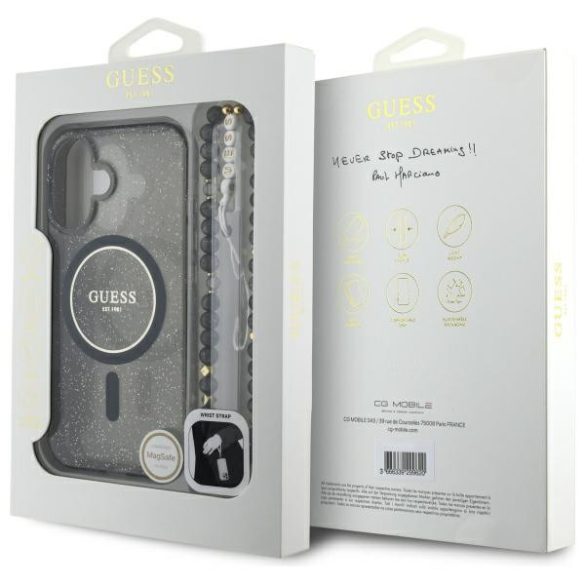 Guess iPhone 16 Magsafe IML Glitter With Pearl Strap (GUHMP16SHGCRELSK) Magsafe kompatibilis hátlap, tok, fekete