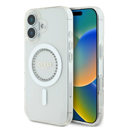 Guess GUHMP16SPFTDTEH iPhone 16 6.1" biały/fehér keménytok IML strasszos MagSafe IML keménytok