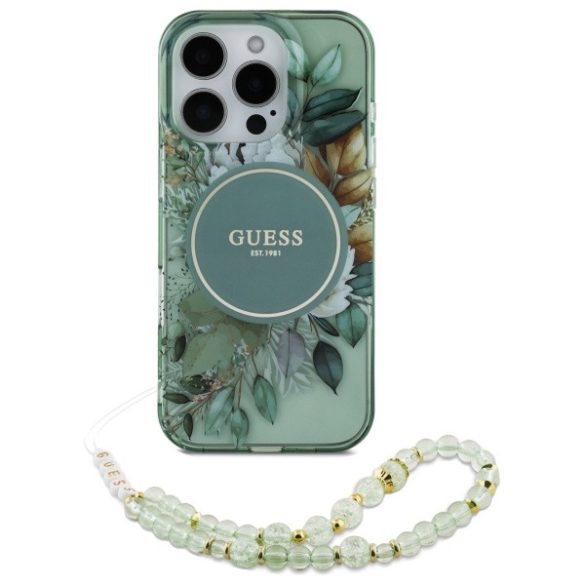 Guess iPhone 16 Pro Max Magsafe IML Flowers With Pearl Strap (GUHMP16XHFWBRCESN) Magsafe kompatibilis hátlap, tok, zöld