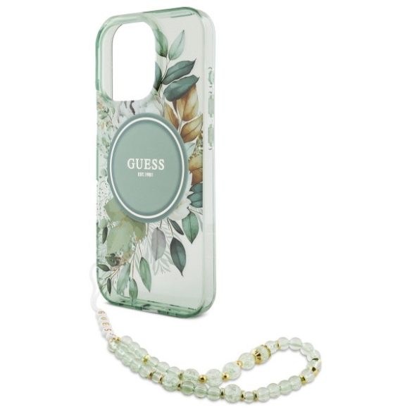 Guess iPhone 16 Pro Max Magsafe IML Flowers With Pearl Strap (GUHMP16XHFWBRCESN) Magsafe kompatibilis hátlap, tok, zöld