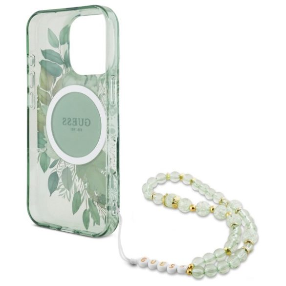 Guess iPhone 16 Pro Max Magsafe IML Flowers With Pearl Strap (GUHMP16XHFWBRCESN) Magsafe kompatibilis hátlap, tok, zöld