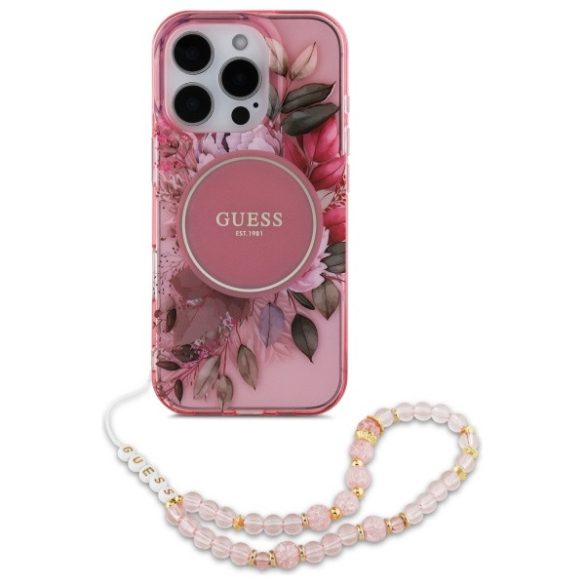 Guess iPhone 16 Pro Max Magsafe IML Flowers With Pearl Strap (GUHMP16XHFWBRCESP) Magsafe kompatibilis hátlap, tok, rózsaszín