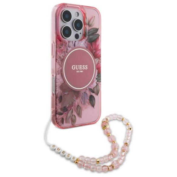 Guess iPhone 16 Pro Max Magsafe IML Flowers With Pearl Strap (GUHMP16XHFWBRCESP) Magsafe kompatibilis hátlap, tok, rózsaszín