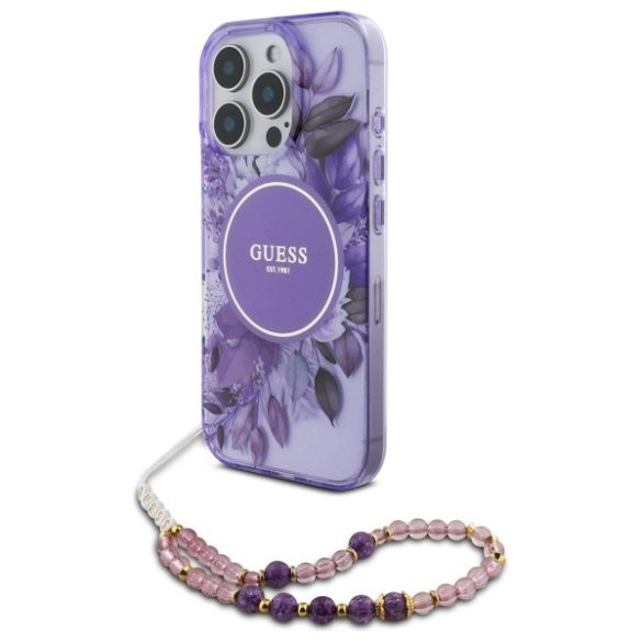 Guess iPhone 16 Pro Max Magsafe IML Flowers With Pearl Strap (GUHMP16XHFWBRCESU) Magsafe kompatibilis hátlap, tok, lila