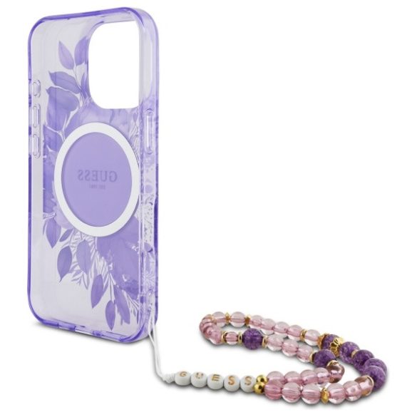 Guess iPhone 16 Pro Max Magsafe IML Flowers With Pearl Strap (GUHMP16XHFWBRCESU) Magsafe kompatibilis hátlap, tok, lila