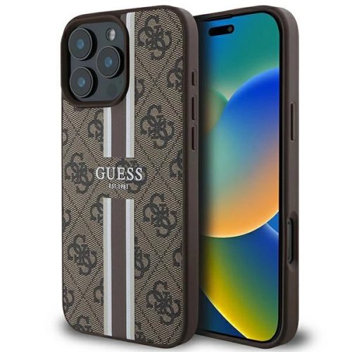 GUESS hátlap, tok iPhone 16 Pro Max MagSafe GUHMP16XP4RPSW (4G Printed Stripes), barna