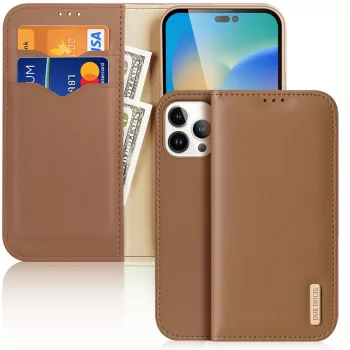   Dux Ducis Hivo bőr Flip Cover eredeti bőr oldalra nyíló tok kártyatartóval iPhone 14 Pro Max, barna