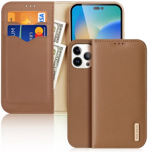 Dux Ducis Hivo bőr Flip Cover eredeti bőr oldalra nyíló tok kártyatartóval iPhone 14 Pro Max, barna