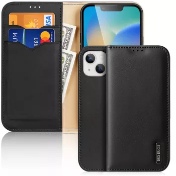   Dux Ducis Hivo bőr Flip Cover eredeti bőr oldalra nyíló tok kártyatartóval iPhone 14 Plus, fekete