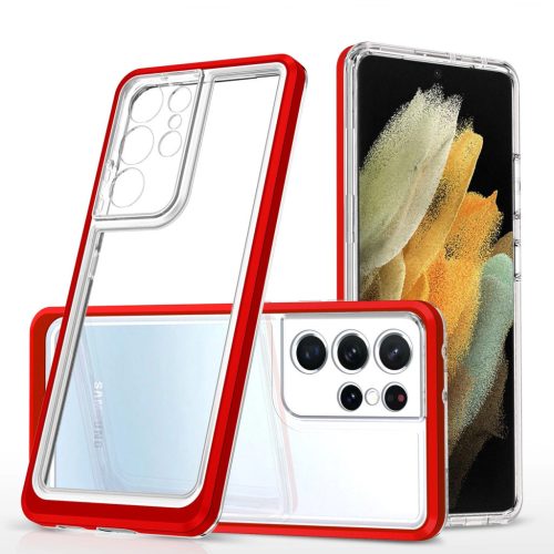 Clear 3in1 Case Samsung Galaxy S21 Ultra 5G ütésálló hátlap, tok, átlátszó-piros