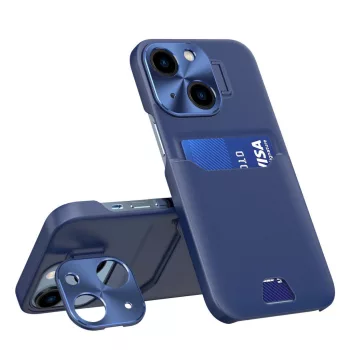   Leather Stand Case iPhone 14 Plus cover card wallet with stand, kék