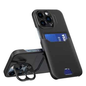   Leather Stand Case tok iPhone 14 Pro cover card wallet with stand, fekete