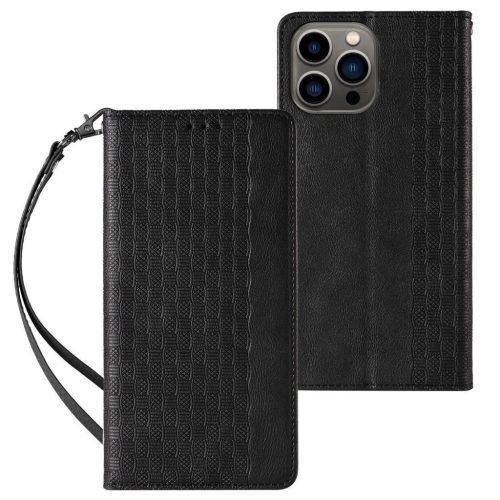 Magnet Strap oldalra nyíló tok iPhone 14 Pro Max Flip Wallet Mini Lanyard Stand, fekete
