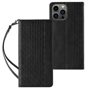   Magnet Strap oldalra nyíló tok iPhone 14 Plus Flip Wallet Mini Lanyard Stand, fekete