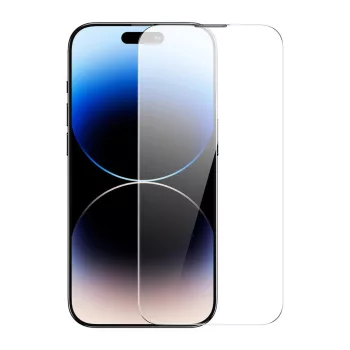   Baseus 2x edzett üvegfóliakészlet iPhone 14 Pro Max teljes képernyős fólia, átlátszó, hangszórófedéllel 0,3 mm + rögzítőkeret