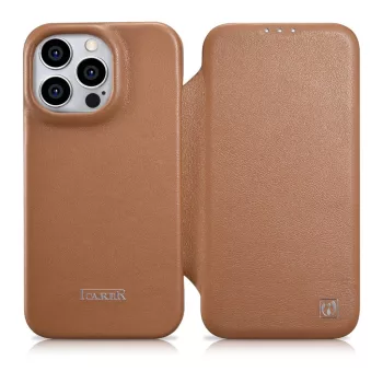   iCarer CE prémium bőr fóliatok iPhone 14 Pro mágneses bőr flip fóliatok MagSafe, barna