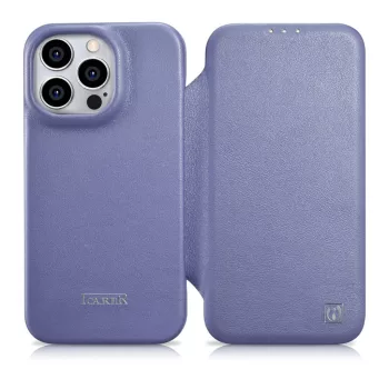   iCarer CE prémium bőr fóliatok iPhone 14 Pro mágneses flip bőr fóliatok MagSafe világos, lila