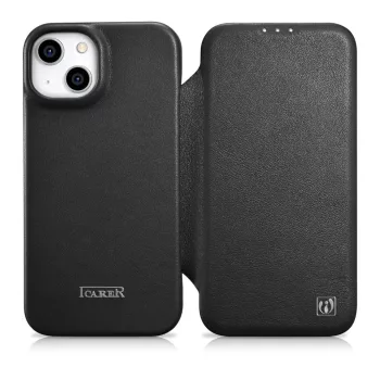   iCarer CE prémium bőr fóliatok iPhone 14 Plus mágneses bőr flip fóliatok MagSafe, fekete