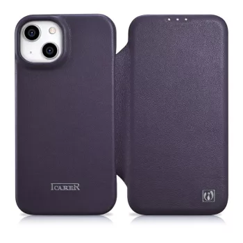   iCarer CE prémium bőr fóliatok iPhone 14 Plus mágneses bőr flip fóliatok MagSafe, lila