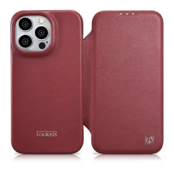   iCarer CE prémium bőr fóliatok iPhone 14 Pro Max mágneses flip tok, MagSafe, piros