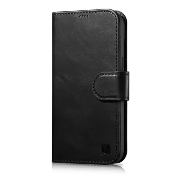   iCarer olajviasz tárca tok 2in1 Cover iPhone 14 Plus Anti-RFID bőr Flip Case, fekete