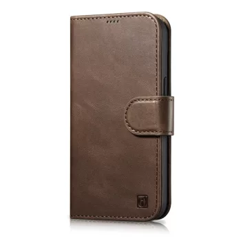   iCarer olajviasz tárca tok 2in1 Cover iPhone 14 Plus Anti-RFID bőr Flip Case, barna
