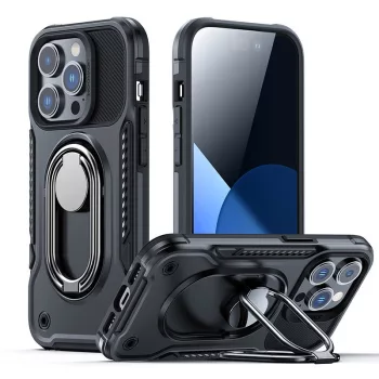   Joyroom Dual Hinge tok iPhone 14 Pro Armor Case állvánnyal és gyűrűtartóval, fekete