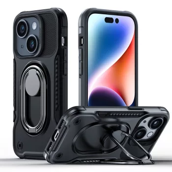   Joyroom Dual Hinge tok iPhone 14 Plus Armor Case állvánnyal és gyűrűtartóval, fekete