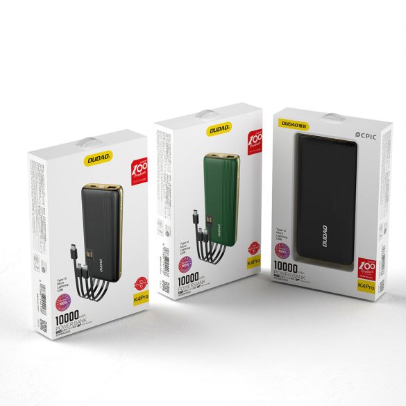 Dudao K4Pro Power Bank hordozható külső akkumulátor, USB/USB-C/USB micro/lightning kábellel, 10000 mAh, 2A, fekete