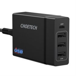   Choetech Multi-Charge PD 60W, 1xUSB-C, 3xUSB-A töltőállomás, hálózati töltő adapter, fekete