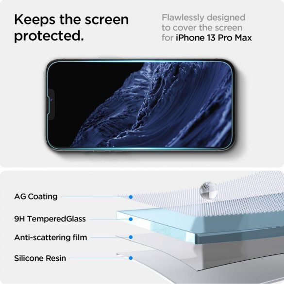 Spigen 2db Tempered Glass iPhone 13 Pro Max 2.5 D nem teljes kijelzős üvegfólia felrakókerettel, 9H keménységű, átlátszó