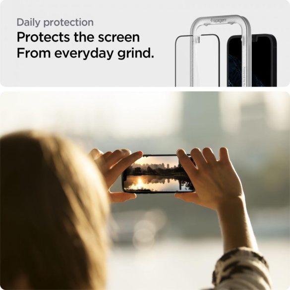 Spigen Tempered Glass iPhone 13 Pro Max 2.5.D nem teljes kijelzős üvegfólia felrakókerettel, 9H keménységű, fekete