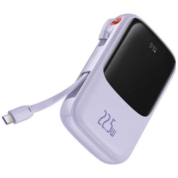 Baseus PPQD020105 Qpow Power Bank, hordozható külső akkumulátor USB/USB-C/Lightning, USB-C kábellel, 10000 mAh, 22.5W, lila