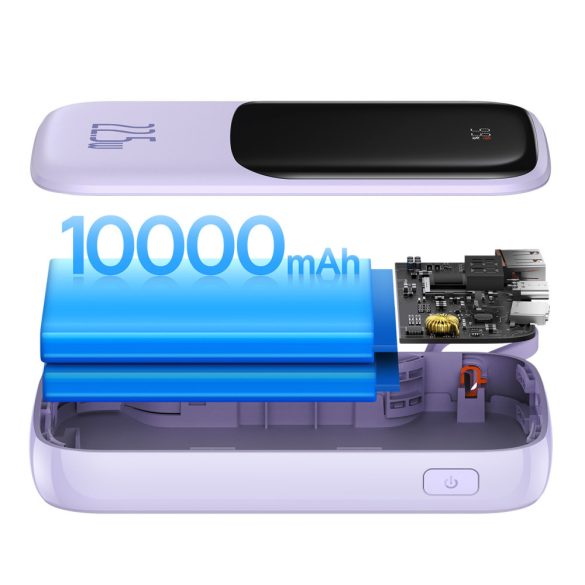 Baseus PPQD020105 Qpow Power Bank, hordozható külső akkumulátor USB/USB-C/Lightning, USB-C kábellel, 10000 mAh, 22.5W, lila