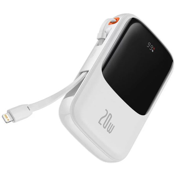 Baseus PPQD060102 Qpow Power Bank, hordozható külső akkumulátor USB/USB-C/Lightning, USB-C kábellel, 10000 mAh, 22.5W, fehér