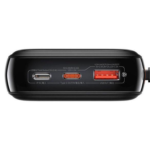 Baseus PPQD060301 Qpow Power Bank, hordozható külső akkumulátor USB/USB-C/Lightning, USB-C kábellel, 20000 mAh, 22.5W, fekete