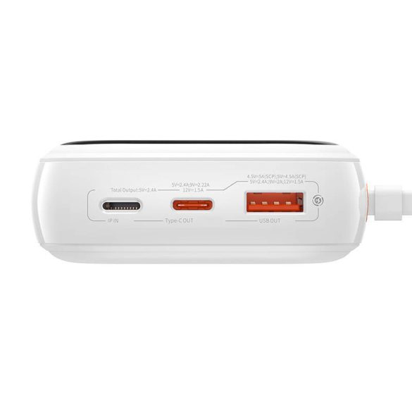 Baseus PPQD060302 Qpow Power Bank, hordozható külső akkumulátor USB/USB-C/Lightning, USB-C kábellel, 20000 mAh, 22.5W, fehér