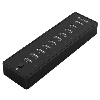   Orico 10in1 Hub 10xUSB-A elosztó hálózati töltővel 12V 3A, fekete