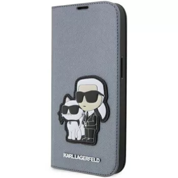   Karl Lagerfeld KLBKP14LSANKCPG Saffiano Karl & Choupette iPhone 14 Pro 6.1" oldalra nyíló tok, ezüst