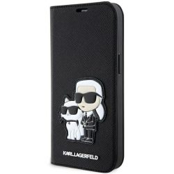   Karl Lagerfeld iPhone 14 Pro Saffiano Karl & Choupette (KLBKP14LSANKCPK) oldalra nyíló tok, fekete