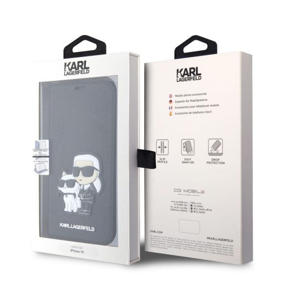 Karl Lagerfeld PU Saffiano Karl and Choupette NFT Book Case iPhone 14 (KLBKP14SSANKCPK) oldalra nyíló, tok, fekete