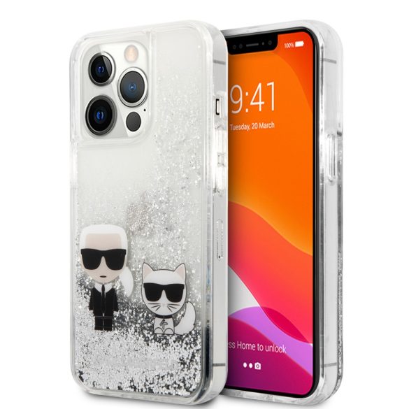 Karl Lagerfeld iPhone 13 Pro Liquid Glitter Karl & Choupette (KLHCP13LGKCS) hátlap, tok, ezüst